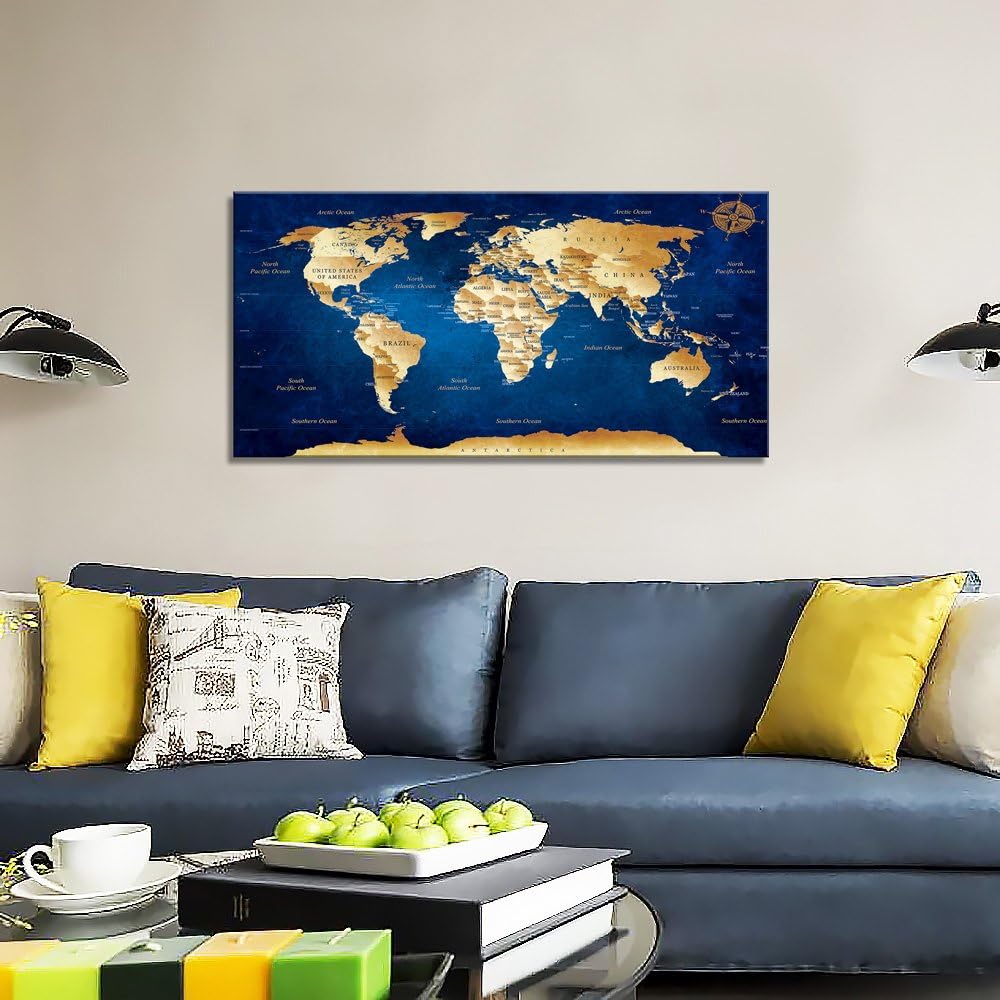 Wall Art blue map of the world Painting Ready to Hang -20 x 40 Pieces Large Framed wall art world Map Canvas Art Map wall decorations Artwork Prints