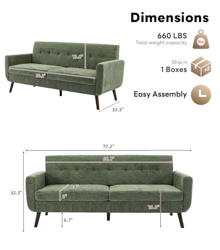 Tbfit L Shaped Couch Sofa, 80" W Mid-Century Modern Sectional Couches, 3 Seater Sofas with Wide Chaise Lounge & Two Pillows