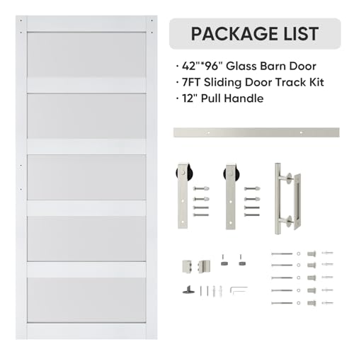 BARNSMITH 42in x 84in Glass Barn Door with 7FT Sliding Door Hardware Kit Included & Handle