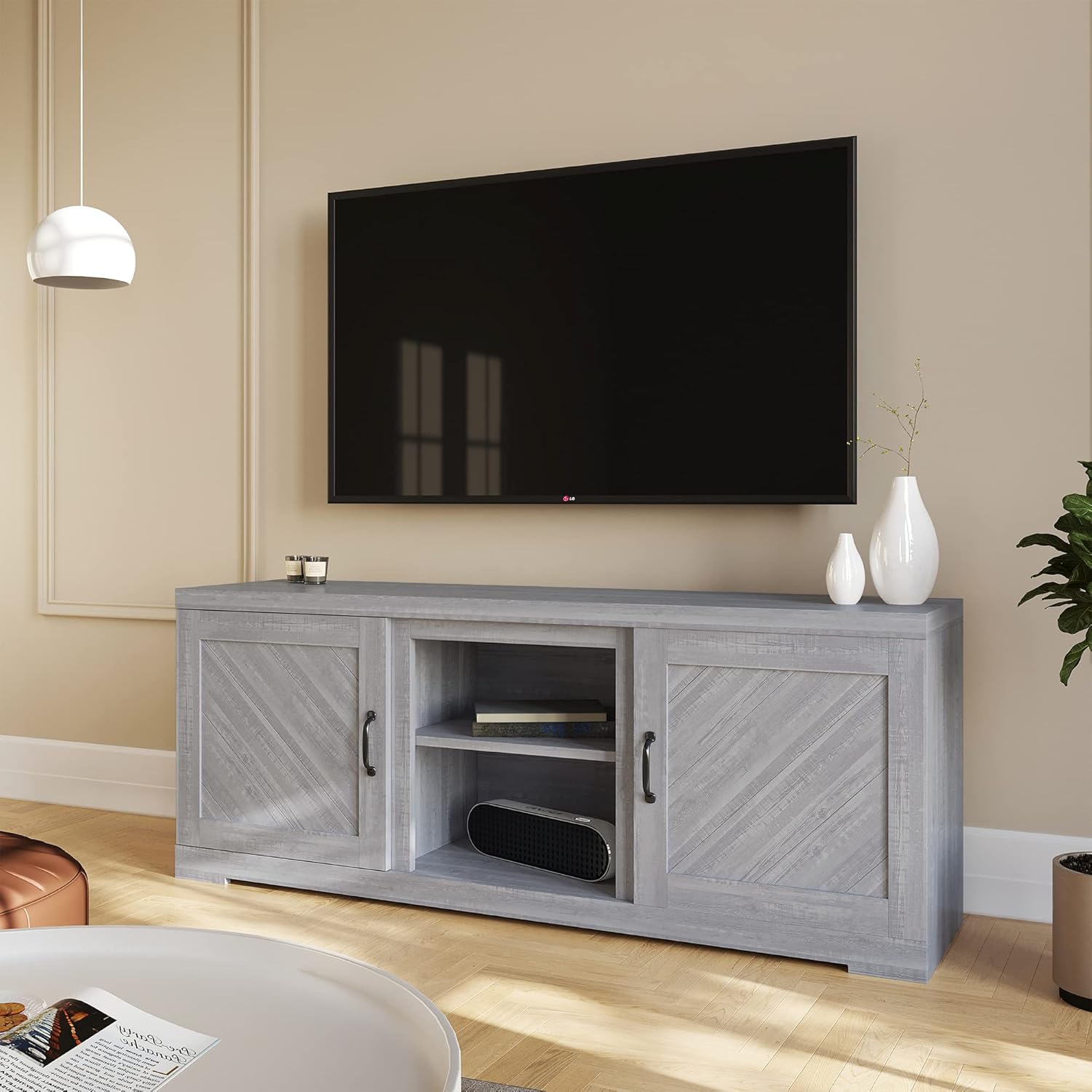 BELLEZE Modern Farmhouse Electric Fireplace TV Stand & Media Entertainment Center Console Table for TVs up to 65 Inch with Storage Cabinets and