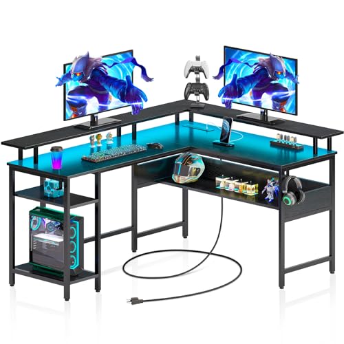 Rolanstar Computer Desk 56.7" with LED Lights and Power Outlets, Carbon Fiber Surface, Reversible L Shaped Gaming Desk with Monitor Stand