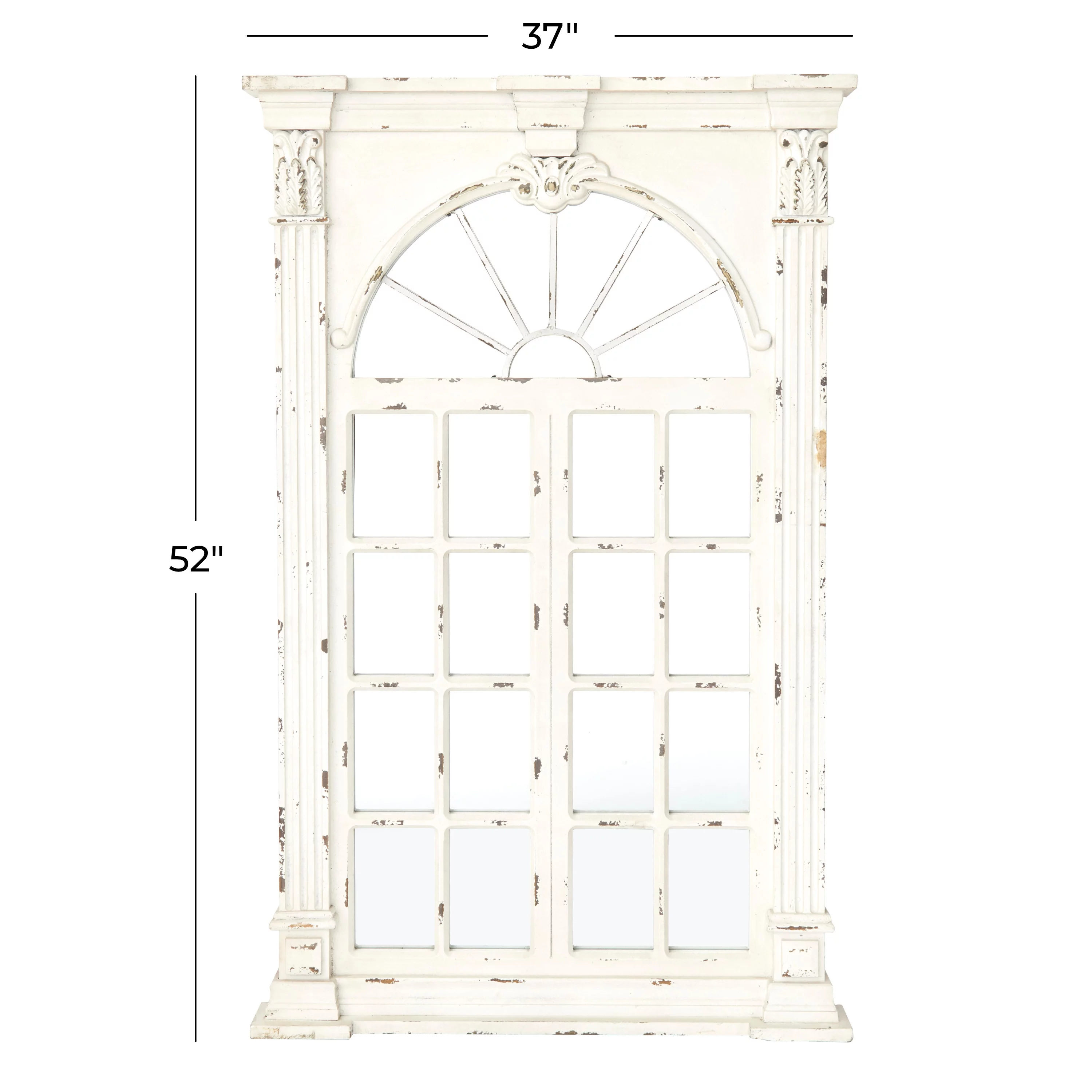 DecMode 37" x 52" Cream Window Pane Inspired Wall Mirror with Arched Top and Distressing