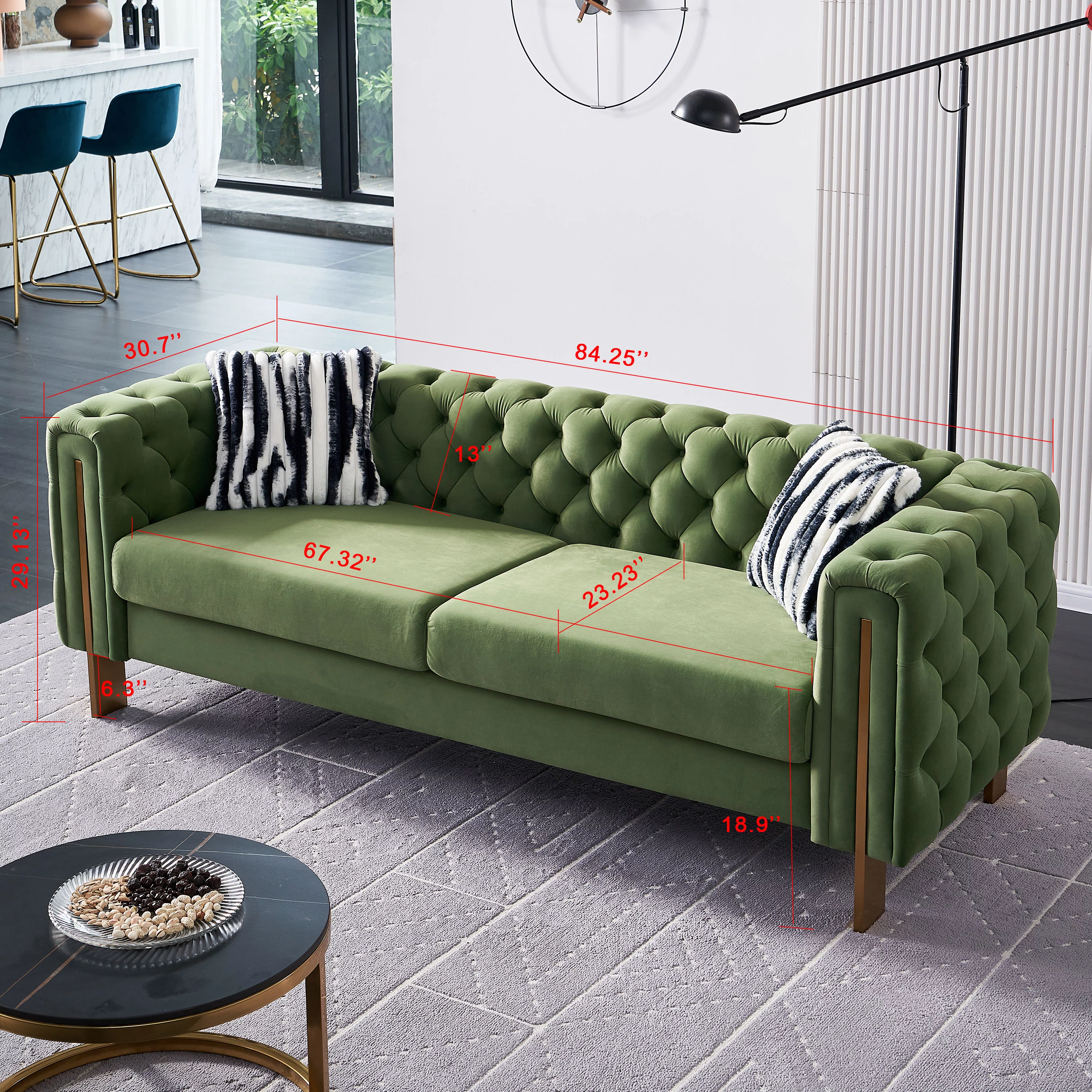 Sofa Couch for Living Room Comfy Couches Tufted Velvet Furniture, with 2 Pillows, 84 inches, Green