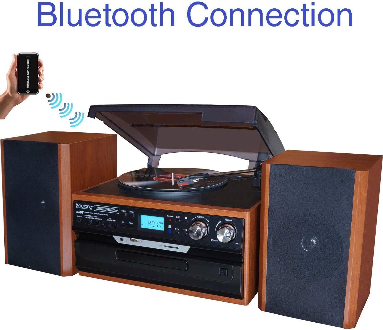 Boytone BT-24MB Bluetooth Classic Style Record Player Turntable with AM/FM Radio, CD/Cassette Player, 2 Separate Stereo Speakers, Record from Vinyl