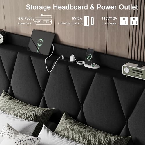 Queen Bed Frame with 4 Storage Drawers and Charging Station, Upholstered Platform Bed Frame with Storage Headboard, No Box Spring Needed