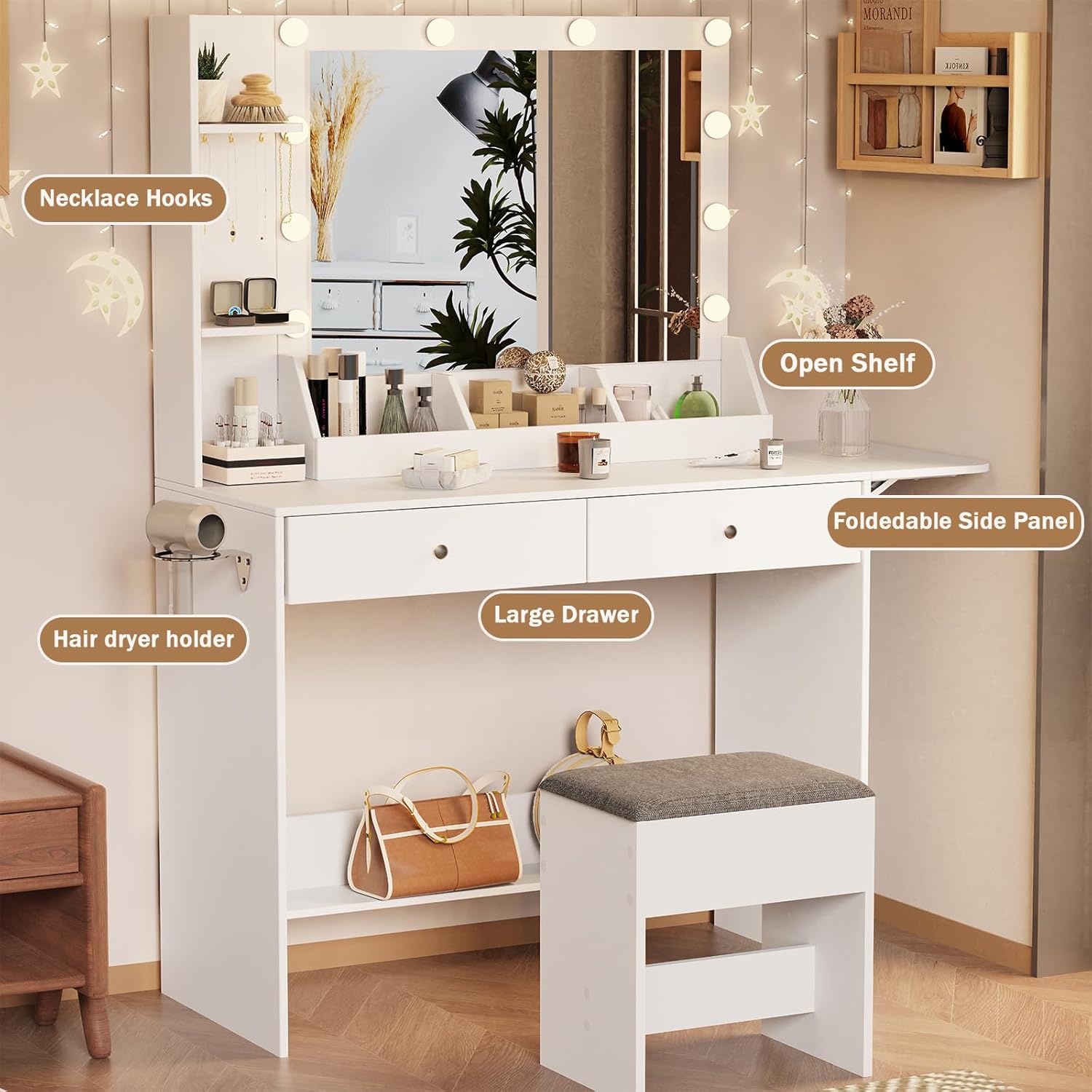 Makeup Vanity Desk with Lights and Charging Station, Small Vanity Desk Set, Makeup Table with 2 Large Drawers & Cushioned Stool, 4 Hooks, for Bedroom