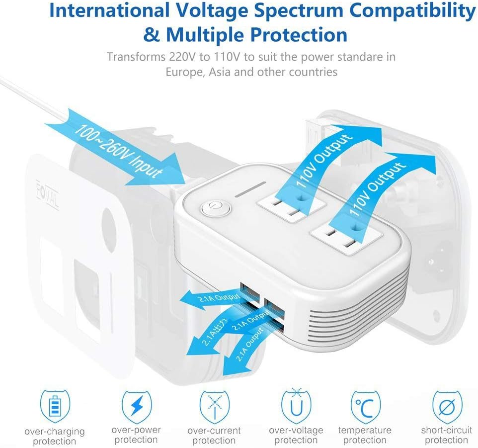 FOVAL International Travel Adapter Power Step Down 220v to 110v Voltage Converter with 4-port USB in UK European Italy Asia more than 150 Countries
