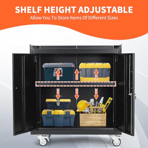 2 Door Tool Cabinets for Garage, Lockable Metal Storage Cabinet with Adjustable Shelves, Rolling Tool Chest, Garage Storage Cabinet with Wheels