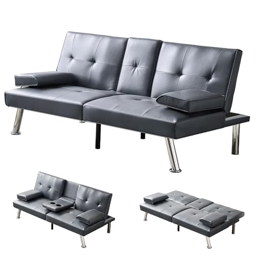 Faux Leather Convertible Folding Futon Sofa Bed with 2 Cup Holders, Sleeper Couch Bed with Removable Armrests, Metal Legs