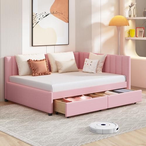 Twin Linen Fabric Upholstered Daybed with Trundle,Space-Saving Trundle Daybed Frame No Box Spring Needed