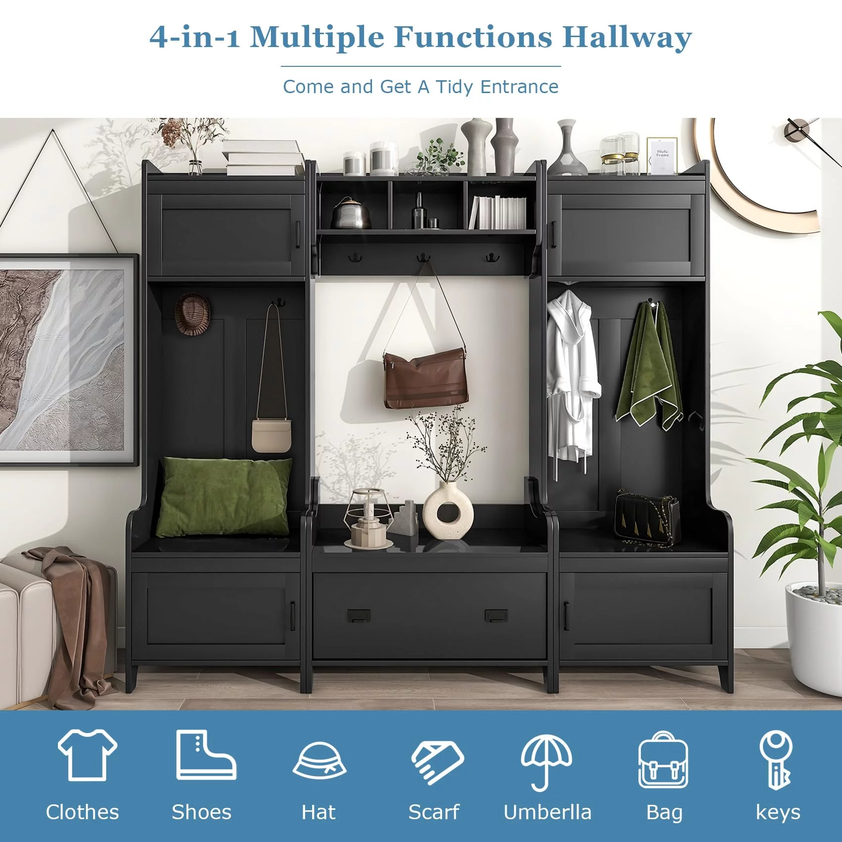 Hall Tree with Bench and Shoe Storage, 4 In 1 Entryway Bench with Coat Rack and 4 Cabinet, Mudroom Bench with 7 Double Hooks