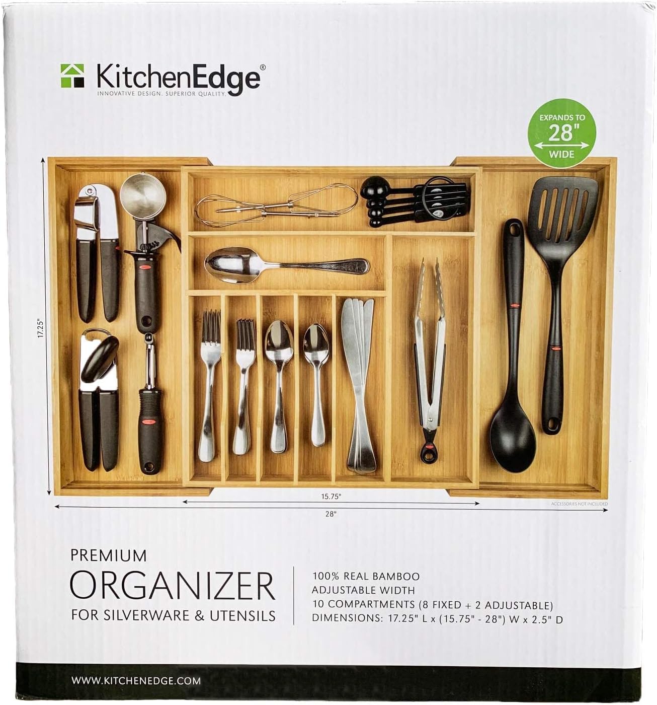 KitchenEdge Premium Silverware, Flatware and Utensil Organizer for Kitchen Drawers, Expandable to 28 Inches Wide, 10 Compartments