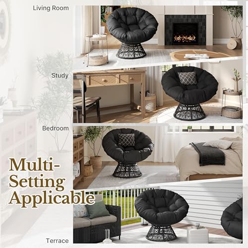 Yaheetech Indoor Papasan Chairs with Thick Tufted Cushions and Frame, Swivel Wicker Ergonomic Lounge Reading Chairs for Living Room/Bedroom, Black