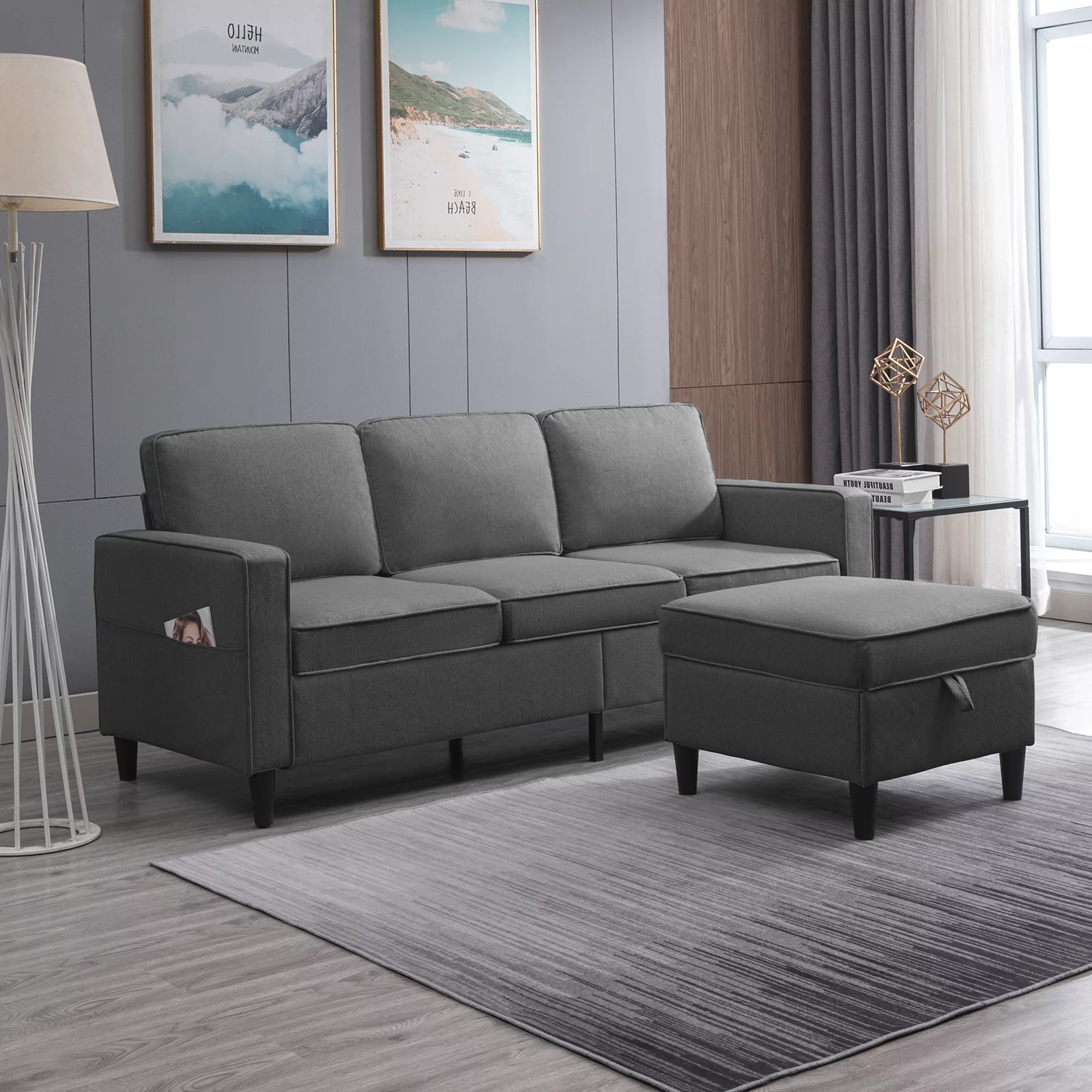 BALUS Sectional Sofa with Storage Ottoman, L-Shaped Small Sectional Sofa, Couch and Sofa Set Sectional for Living Room (Dark Gray)