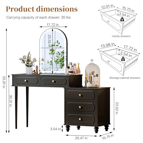 Black,Vanity Desk with Mirror and Lights,Makeup Vanity with Power Outlet and Adjustable Cabinet