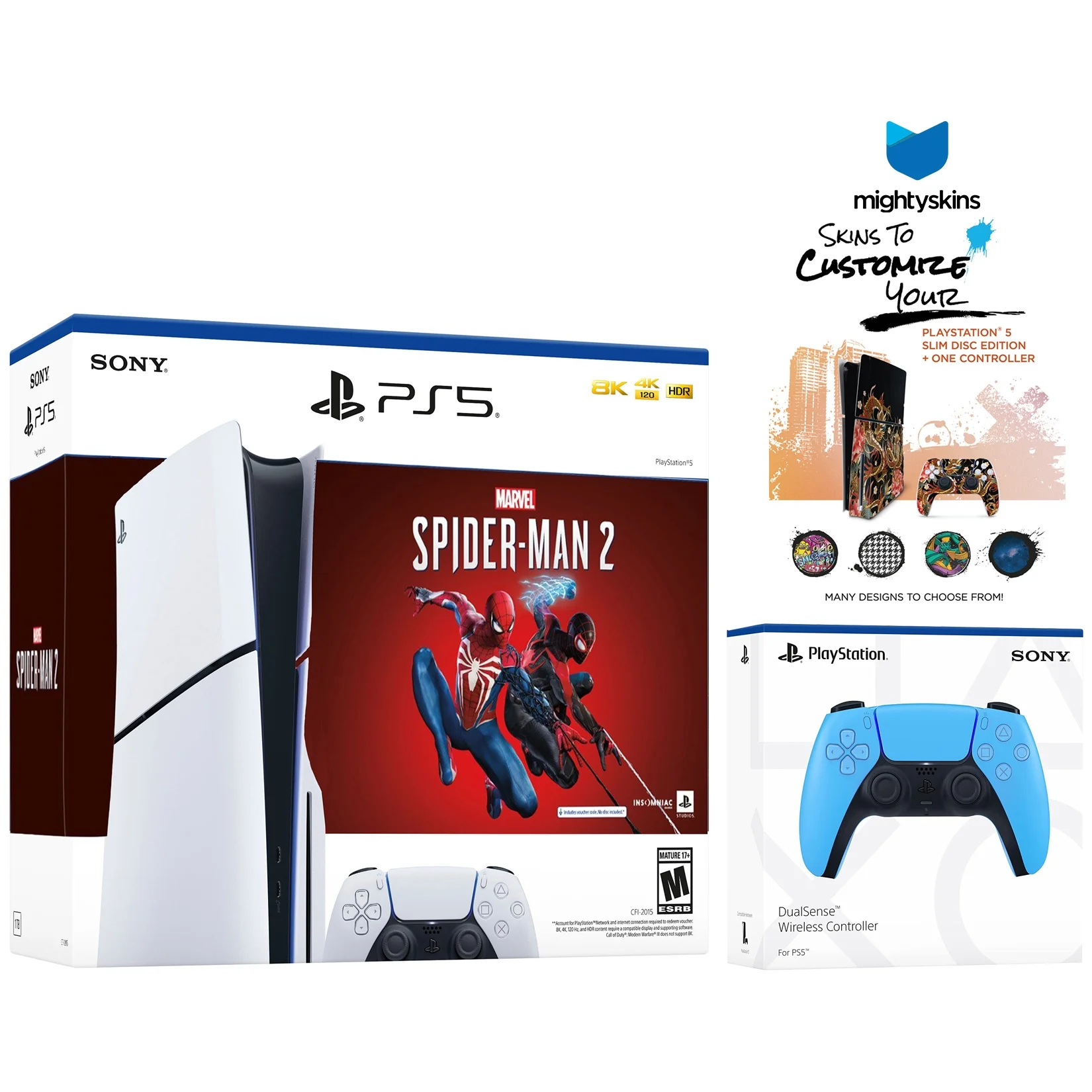 Sony PlayStation 5 Slim Disc Marvel’s Spider-Man 2 Bundle with Extra Starlight Blue Controller and MightySkins Decal Voucher