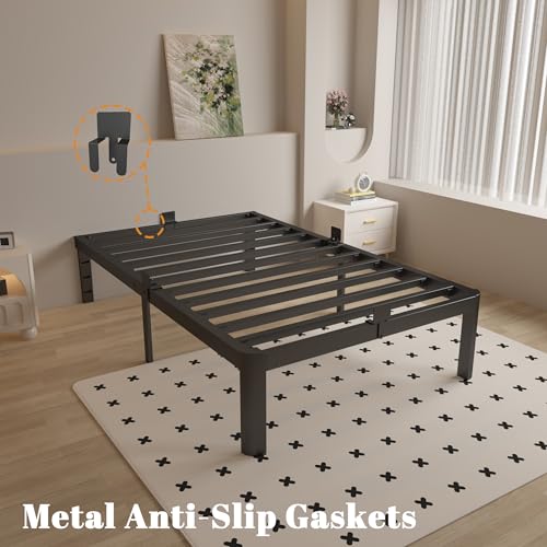 Full Size Bed Frame 16 Inch Black, Metal Platform Full Bed Frame with Baffles, No Box Spring Needed, Heavy Duty Steel Supprt, Rounded Corner Design