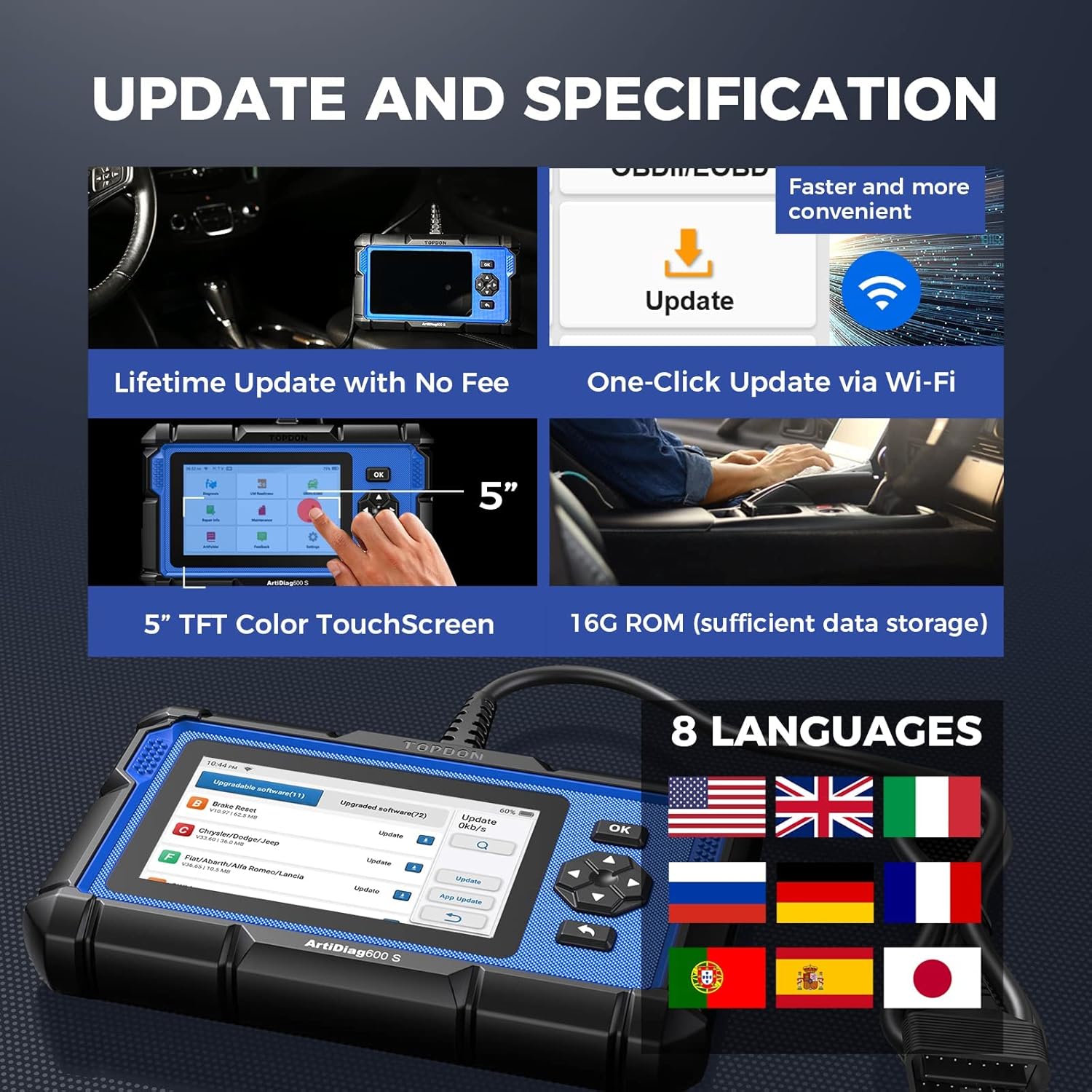 OBD2 Scanner TOPDON AD600S Scan Tool, Code Reader, Diagnostics Scanner for ABS/SRS/at/Engine, 8 Reset Service
