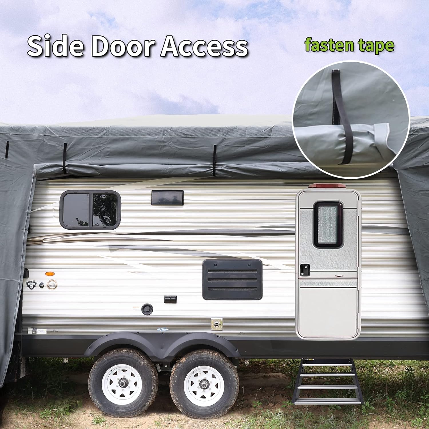RVMATE Travel Trailer Cover, RV Cover for 24’-27’, Camper Cover with Quick Side Door Access, Air Vent Design, with Maintenance Accessory