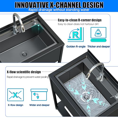 Stainless Steel Utility Sink, 36.6" × 24.2" × 36.6"Freestanding Sink with Cold and Hot Water Faucet,Hoses and Drain Kit for Kitchens, Bathrooms