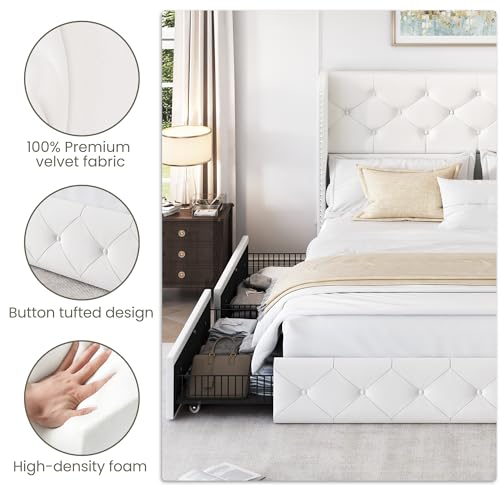 King Size Bed Frame with 4 Storage Drawers and Tufted Headboard Linen Upholstered Platform Bed Frame Wingback Beds with Wooden Slats Support