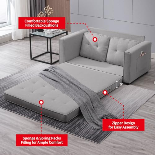 MUZZ Pull Out Couch, 55" W Upholstered Loveseat, Futon Sleeper Couch with 2 Side Pockets, Gaming Floor Couch Bed for Living Room, Bedroom