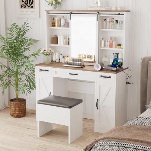 Farmhouse Vanity Desk with Sliding Lighted Mirror & Stool, Vanity Dresser Combo, Large Makeup Vanity with 8 Storage Shelves, 5 Drawers