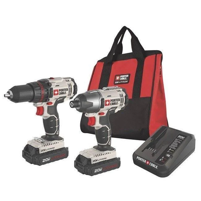 Drill Cordless Set Impact Driver Power Kit Combo 20V Battery Porter Cable 1/2x22