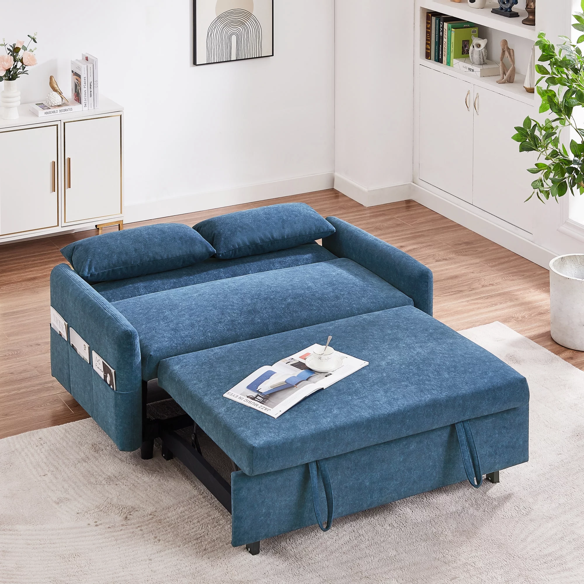 Churanty 55.1" Pull Out Sleep Sofa Bed Loveseats Sofa Couch with Adjsutable Backrest, Storage Pockets, 2 Soft Pillows for Living Room, Bedroom