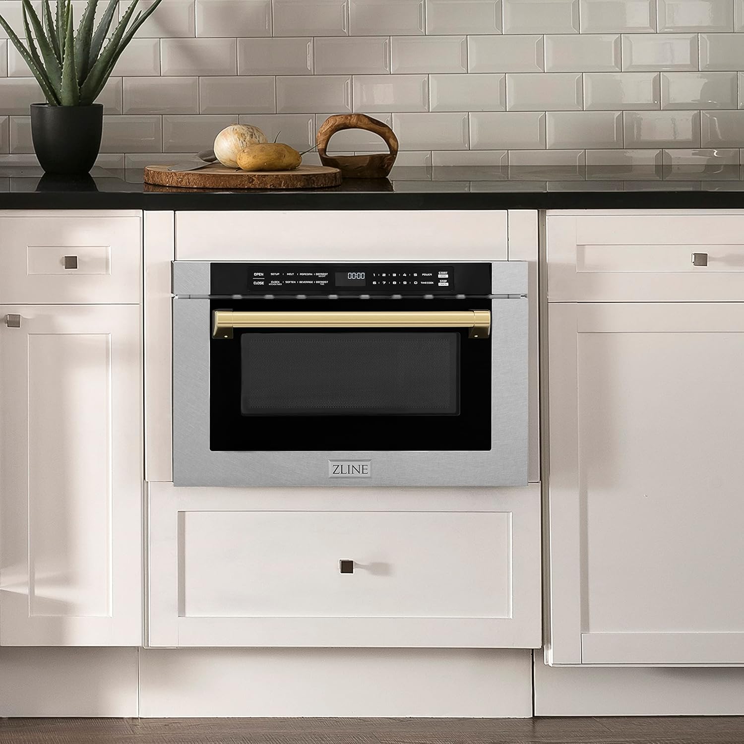 ZLINE Autograph Edition 24" 1.2 cu. ft. Built-in Microwave Drawer with a Traditional Handle in Fingerprint Resistant Stainless Steel and Gold Accents