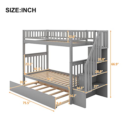 Harper & Bright Designs Bunk Beds Twin Over Full Size, Bunk Bed with Trundle,Storage Shelf and Stairway