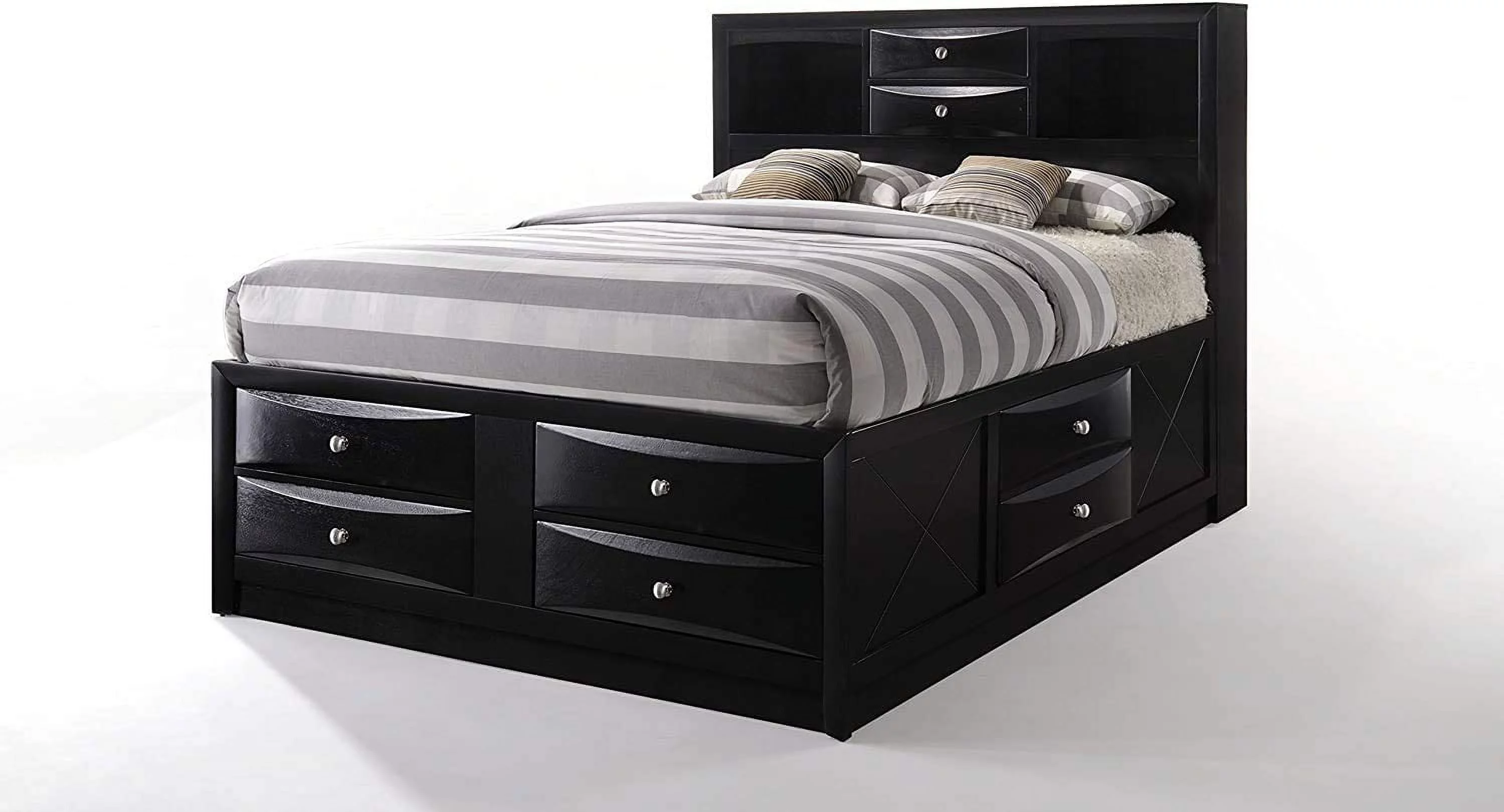 Bowery Hill Transitional Design Queen Size Bed with Storage, Headboard Bookcase in Black