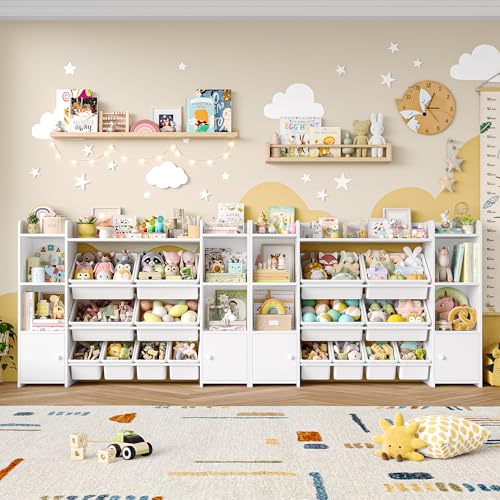 FOTOSOK 55''Large Toy Storage Organizer with 8 Toy Bins, Toy Organizers and Storage with Shelf and 6 Storage Cubbies, Bookshelf for Kids