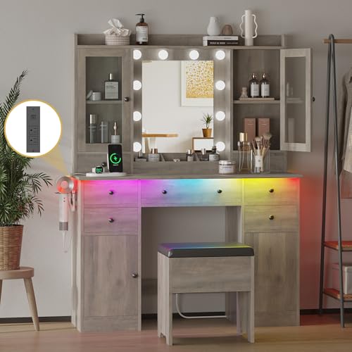 Makeup Vanity Desk with Mirror and Lights, White Vanity Table Set with Storage Drawers, Charging Station, Cabinets & Chair