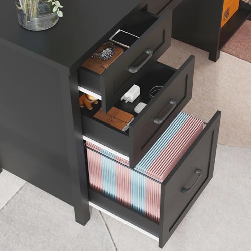 Farmhouse 61'' Executive Desk with 5 Drawers, Rustic Office Desk Computer Desk with Charging Station, File Drawers and Storage Cabinet