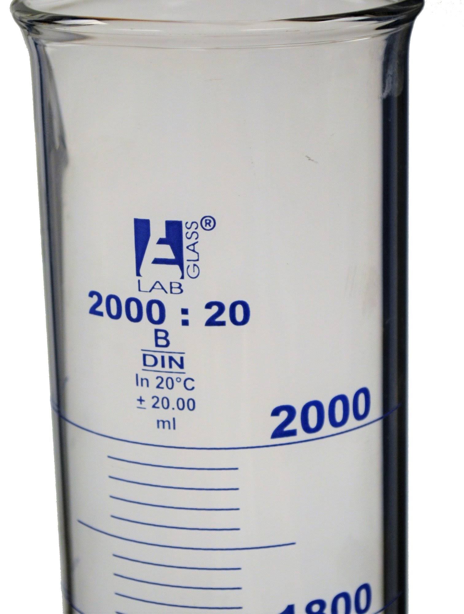 2000ml Graduated Measuring Cylinder, Cap. 2000ml., Class &B&, Hexagonal Base with Spout, Borosilicate Glass - Eisco Labs