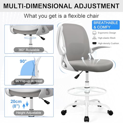 Primy Drafting Chair Tall Office Chair with Flip-up Armrests Executive Ergonomic Computer Standing Desk Chair with Lumbar Support and Adjustable