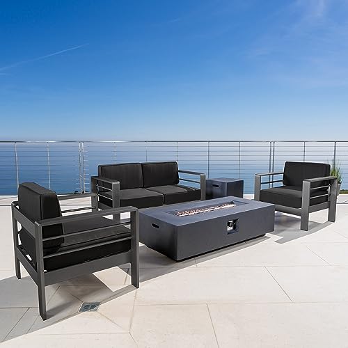 GDFStudio Coral Bay Outdoor Grey Aluminum 5 Piece Loveseat Chat Set with Fire Table (Dark Grey)