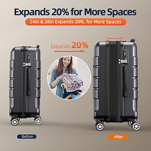 SHOWKOO Luggage Sets Expandable PC+ABS Durable Suitcase Double Wheels TSA Lock Black