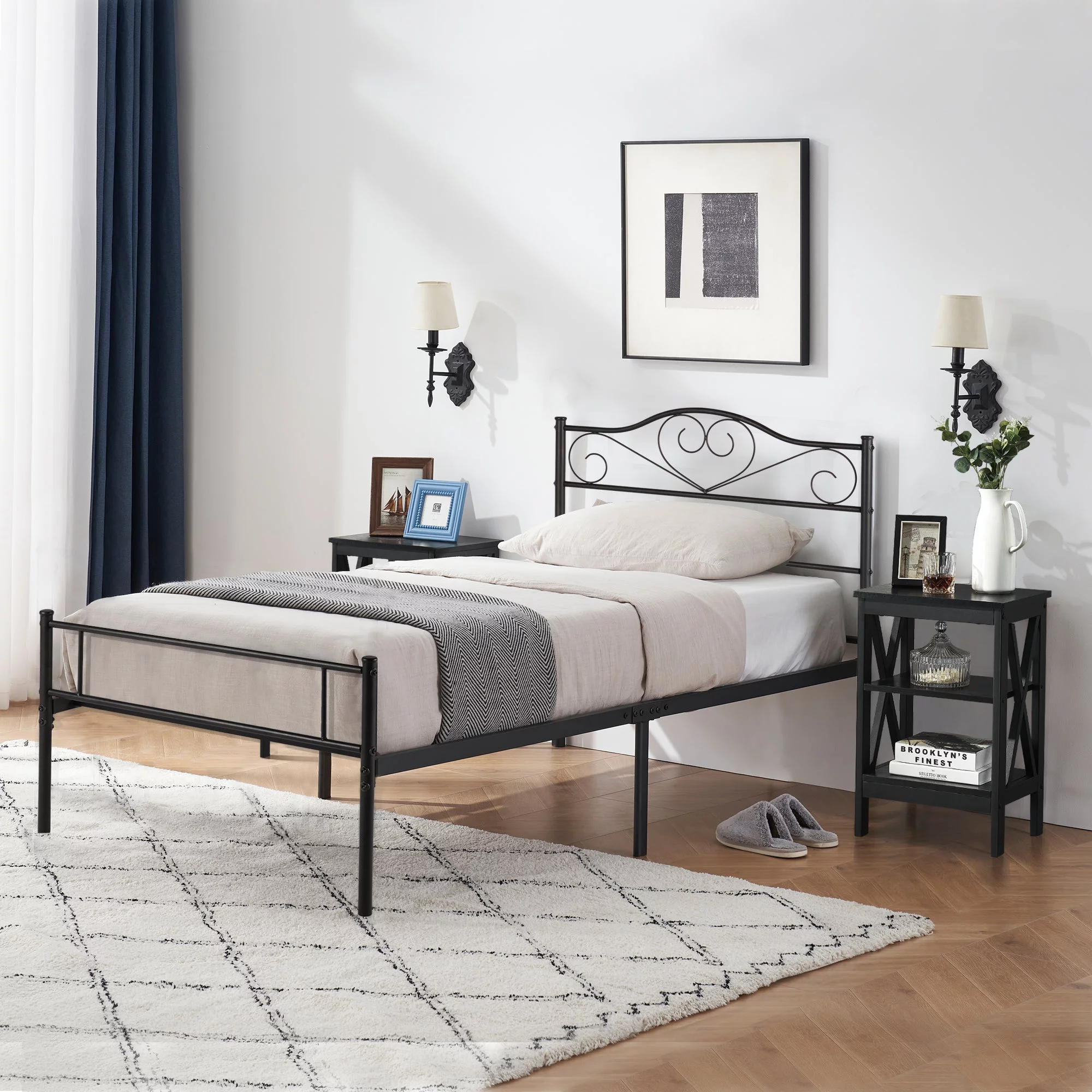 VECELO 3-Piece Bedroom Sets Metal Bed Frame and 2 Nightstand
