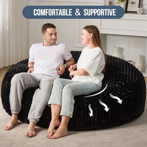 Hobestluk 5ft Bean Bag Chairs for Adults Large Beanbag Chair with Stripe Plush Cover Big Bean Bag Chair for Living Room Bedroom Dorm Office -Black