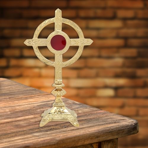 Needzo Brass Embossed Celtic Cross Reliquary, Sacred Storage Vessel, Catholic Church Decor, 13 x 8.75 Inches