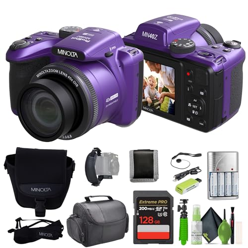 MINOLTA MN40Z 20 Mega Pixels 40x Optical Zoom Digital Camera with 1080p FHD Video (Purple) Bundle with 64GB Memory Card + Vlog Tripod + 4xAA Battery