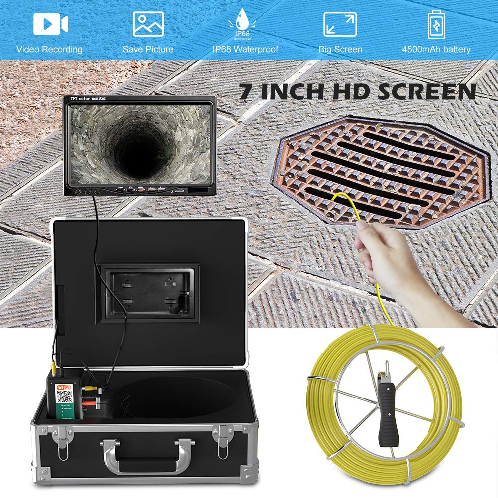 Sewer Camera, 165ft/50m Wireless Sewer Inspection Camera for Android/iOS, Max Connected to 5 Device, 7 Inch LCD Monitor WiFi Endoscope Borescope