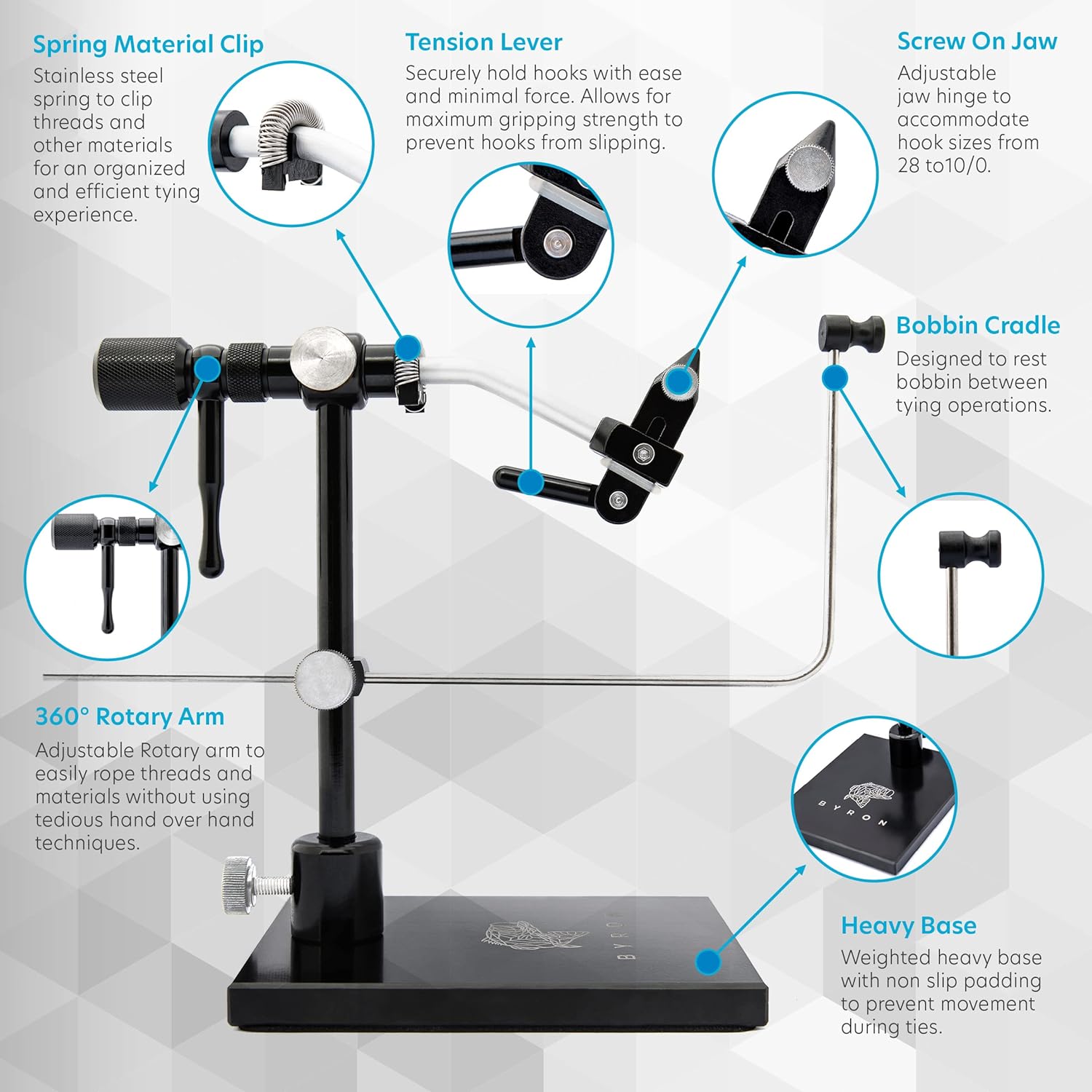 Byron Rotary Fly Tying Vise with Steel Screws and Portable Travel Case - Well Made and Easy to Use Fly Tying Vise