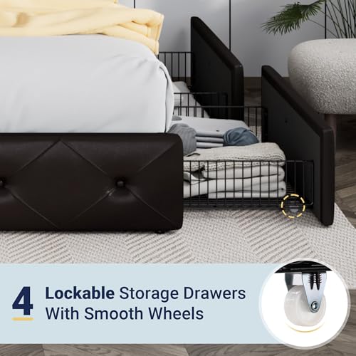 Allewie Upholstered Queen Size Platform Bed Frame with 4 Storage Drawers and Headboard, Square Stitched Button Tufted