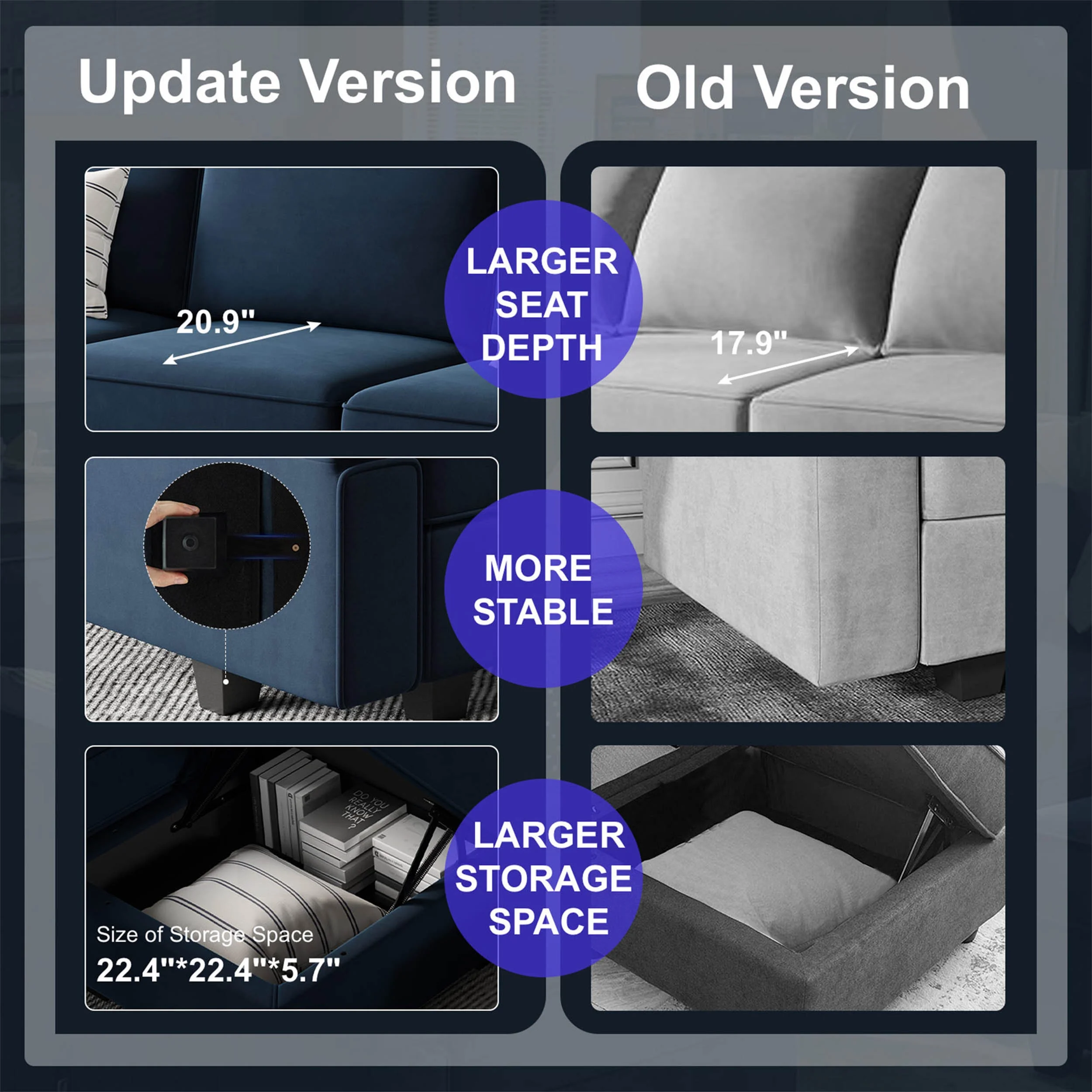 Belffin Modular Sectional L Shaped Sofa with Storage Velvet Convertible Chaise Couch 6 Seats Blue