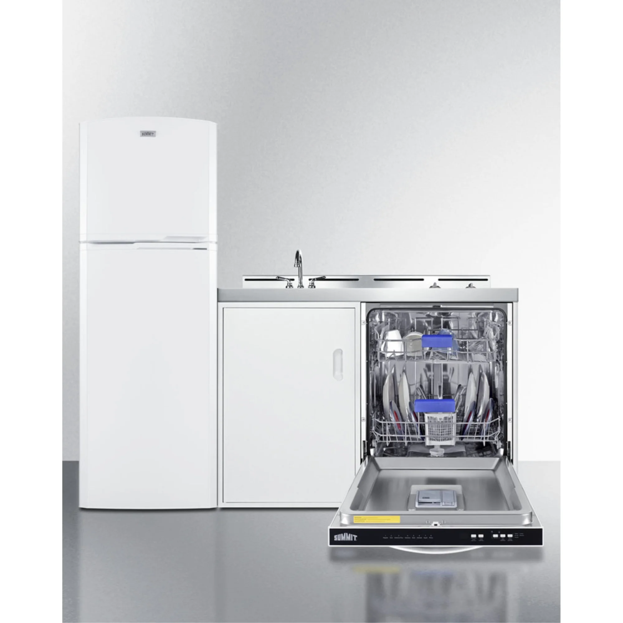 All-in-one combination kitchenette with full-sized refrigerator-freezer, dishwasher, sink, storage cabinet, and 2-burner glass cooktop