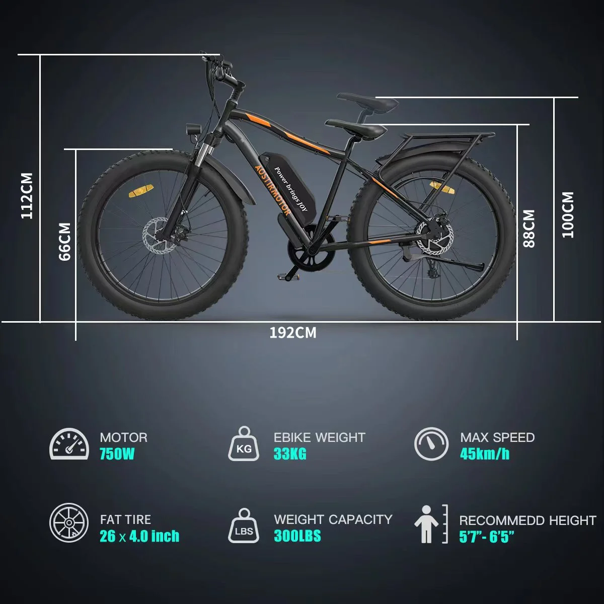 Aostirmotor Electric Mountain Bike, 48V 13AH Removable Lithium Battery 750W Ebike with Rack, 26" 4.0 inch Fat Tire Bike
