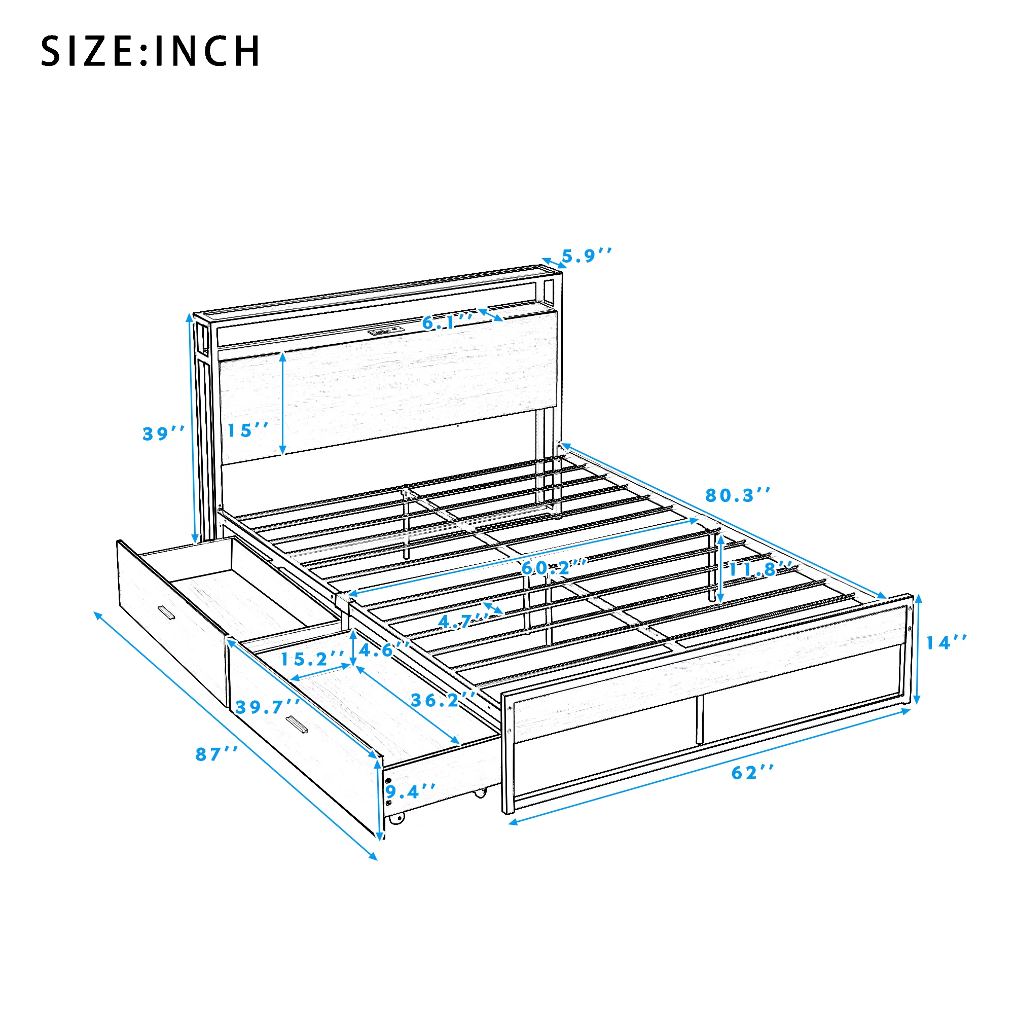 BTMWAY Metal Queen Bed Frame, Queen Size Platform Bed Frames with Wood Headboard, 2 Drawers, Sockets and USB Ports for Bedroom, No Box Spring Needed